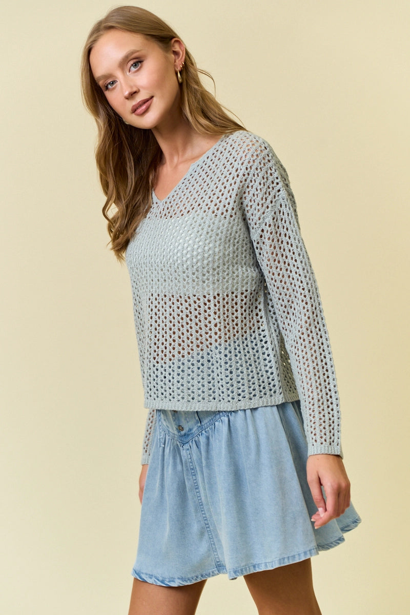Split V-Neck Long Sleeve Knit Sweater - Grey
