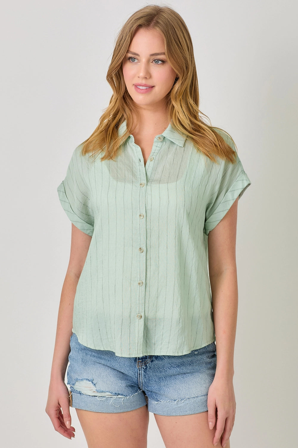 Rolled Up Sleeve Stripe Top - Seafoam