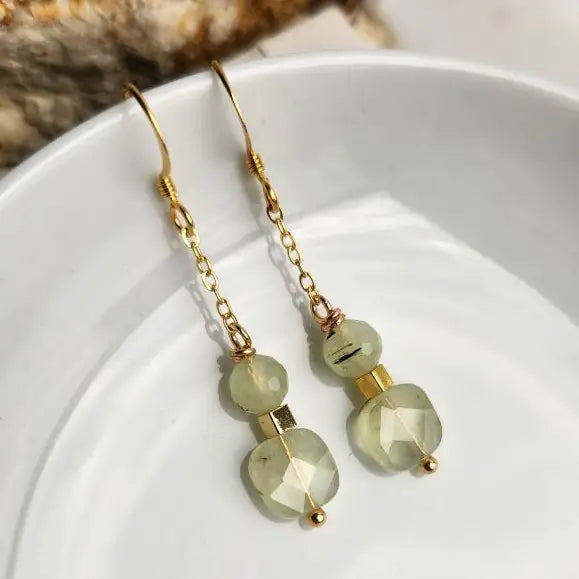 Prehnite Square and Round Beaded Gold Chain Earrings