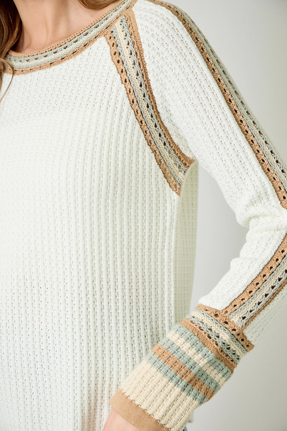 Raglan Sleeve Trim Detail Sweater Top - Ivory