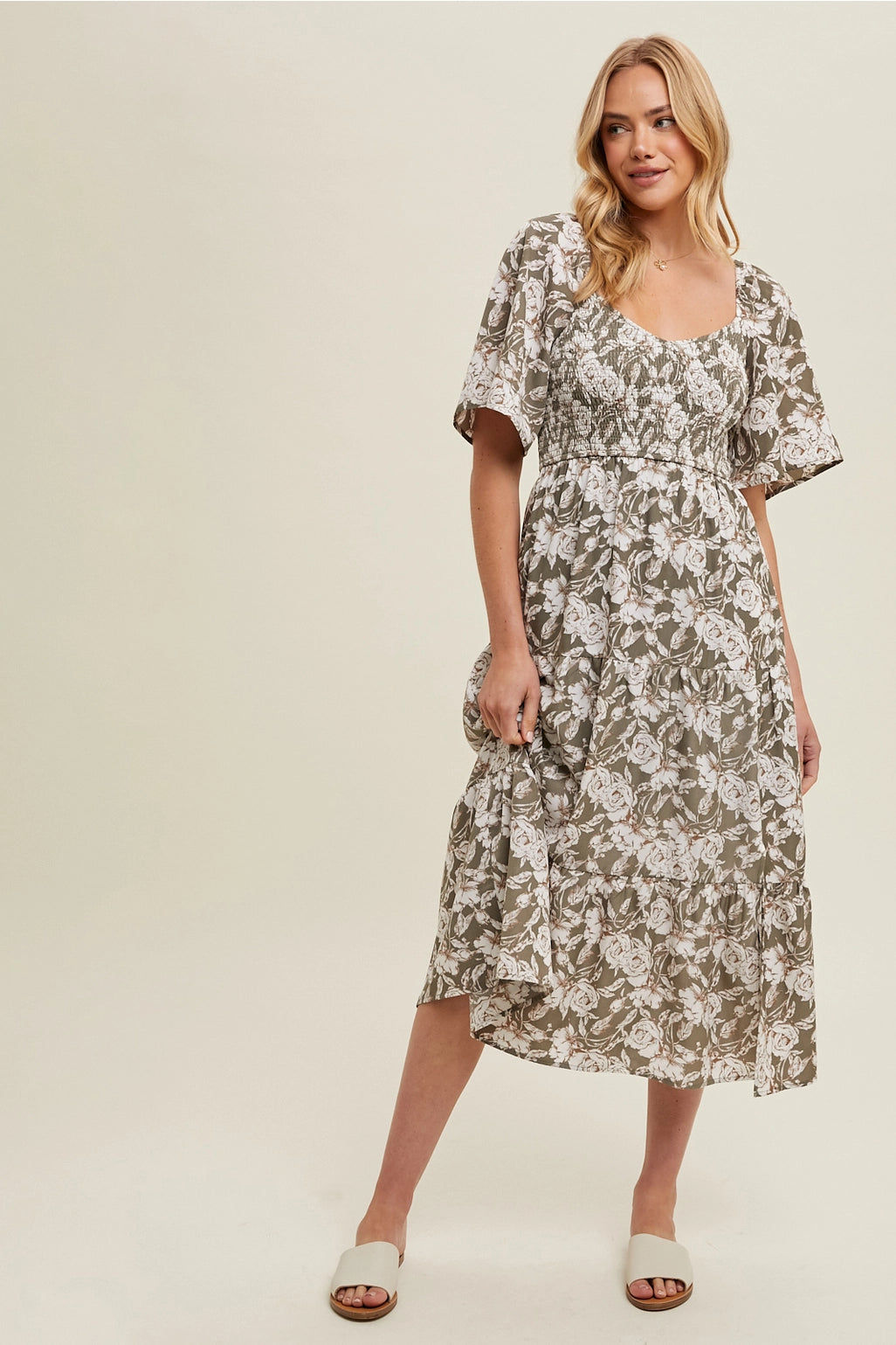 Floral Flutter Sleeve Midi Dress with Slit