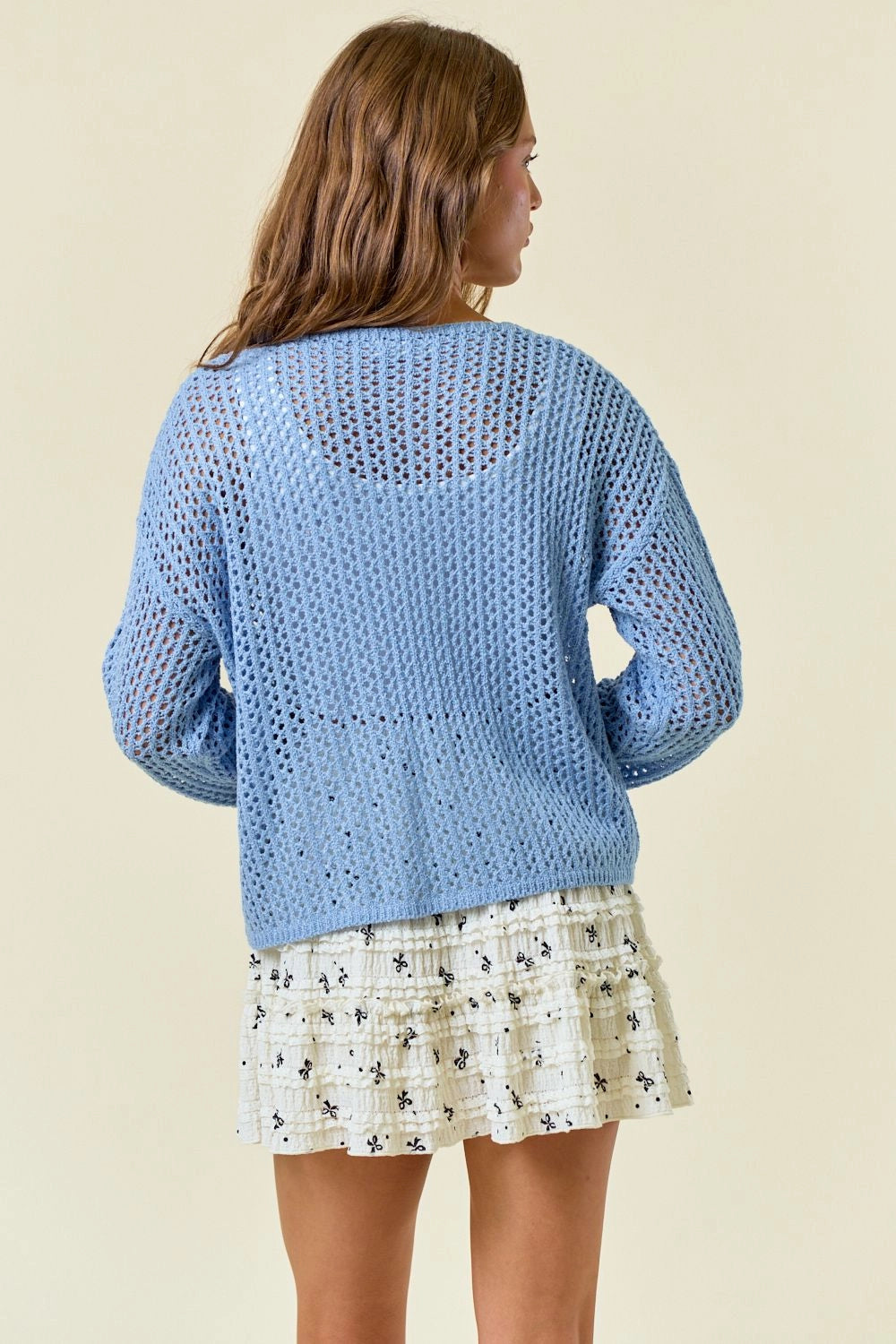 Split V-Neck Long Sleeve Knit Sweater - Blue