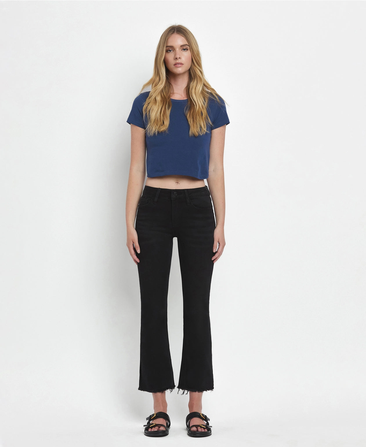 Mid Rise Raw Distressed Hem Crop Flare Jeans