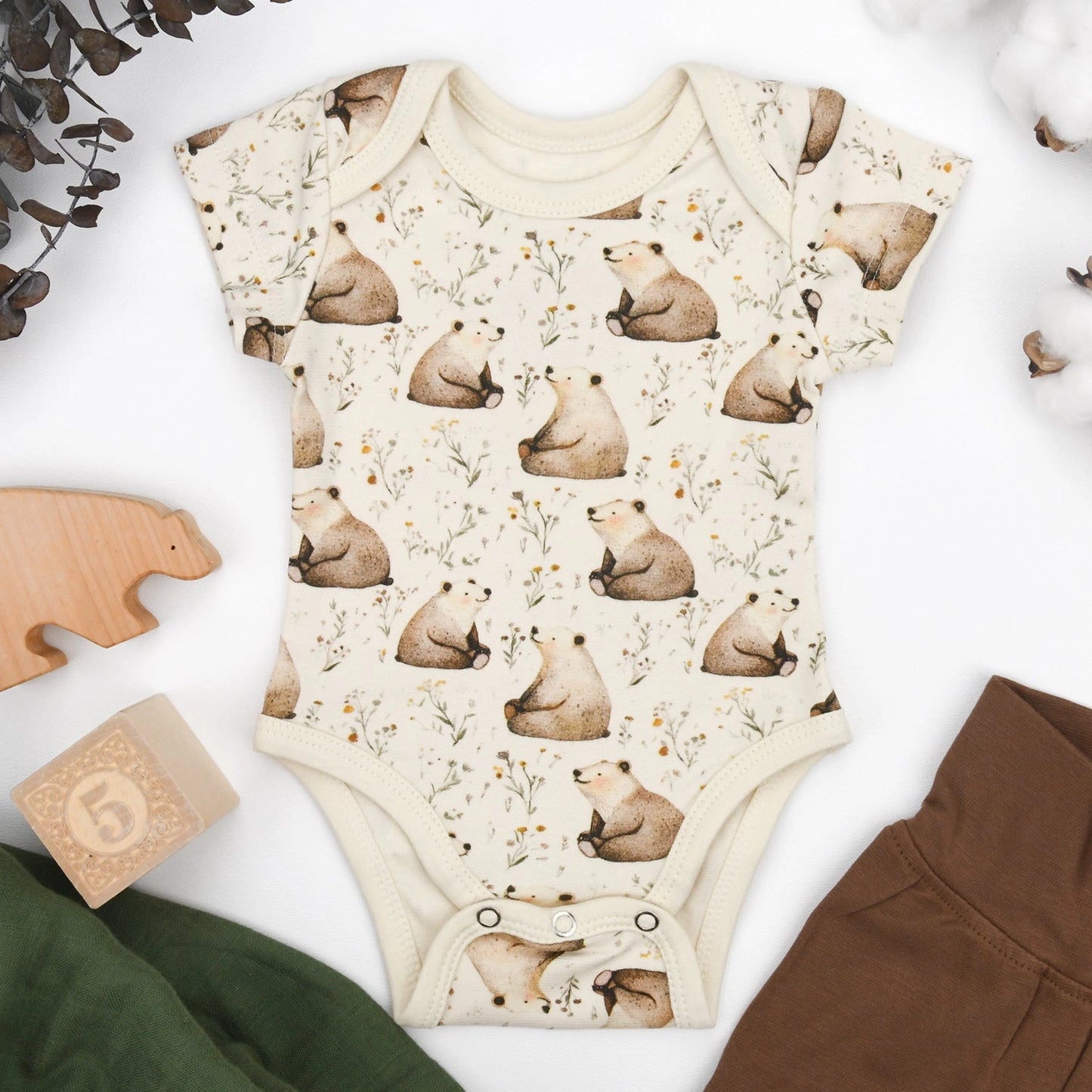 Organic Cotton Short Sleeve Baby Bodysuit - Bear