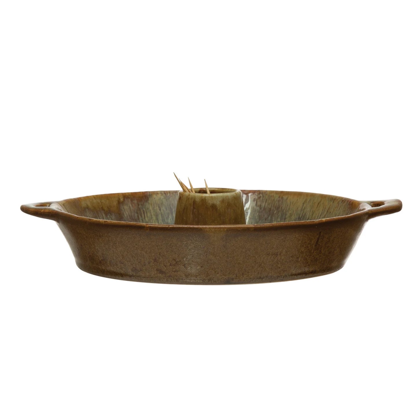 Stoneware Dish with Toothpick Holder with Glaze