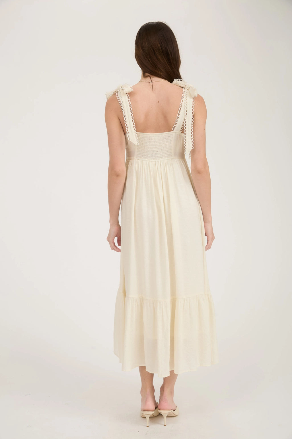 Scallop Eyelet Trim Tie Strap Midi Dress - White