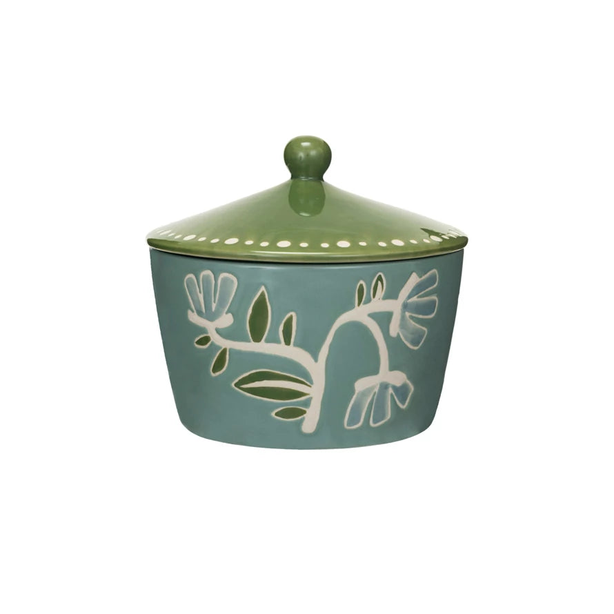 Hand-Painted Stoneware Canister w/ Wax Relief Flowers