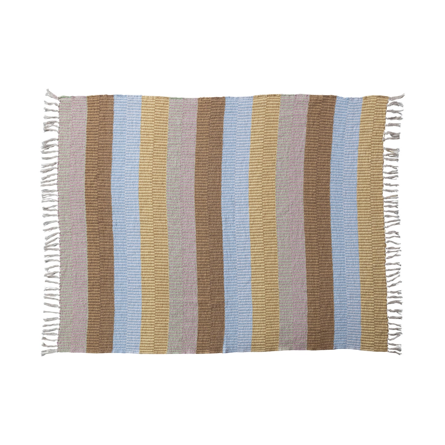 Woven Recycled Cotton Blend Throw w/ Stripes & Fringe - Cream/Brown