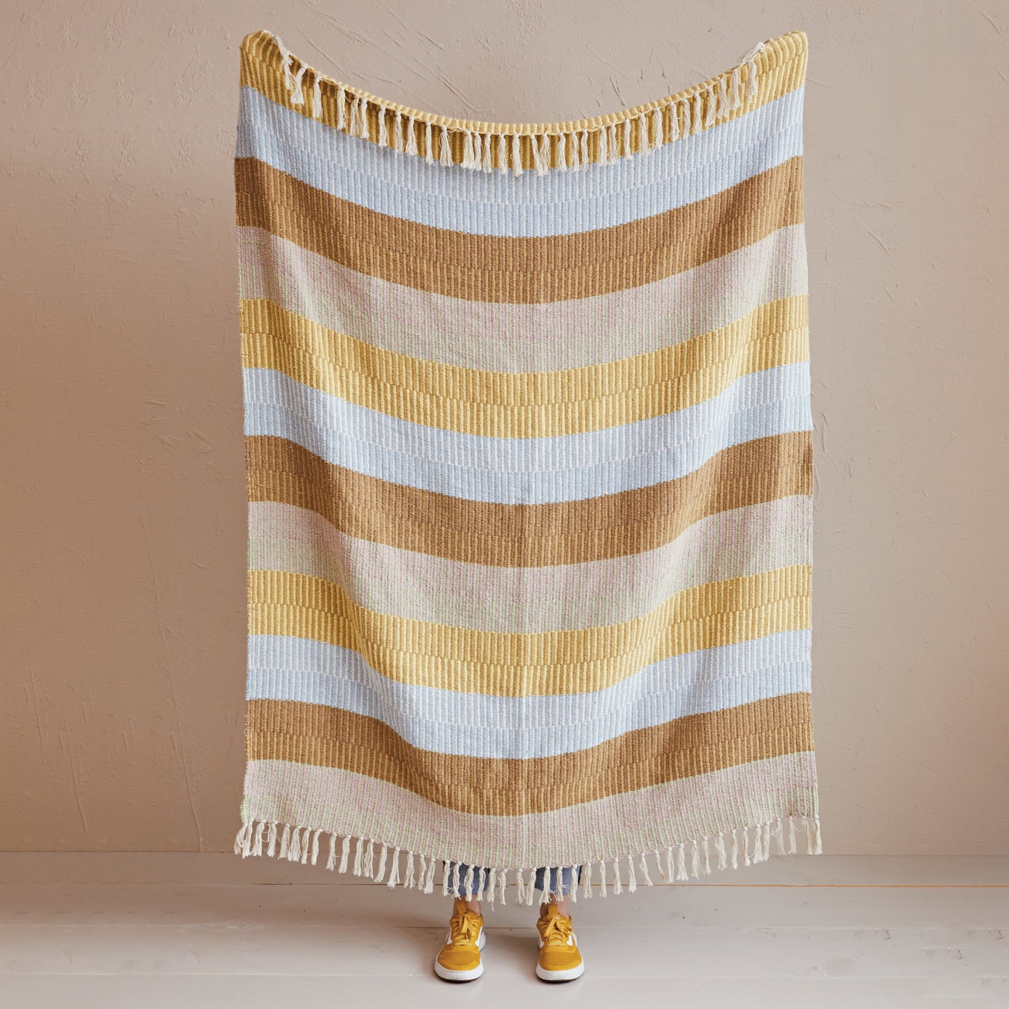 Woven Recycled Cotton Blend Throw w/ Stripes & Fringe - Cream/Brown