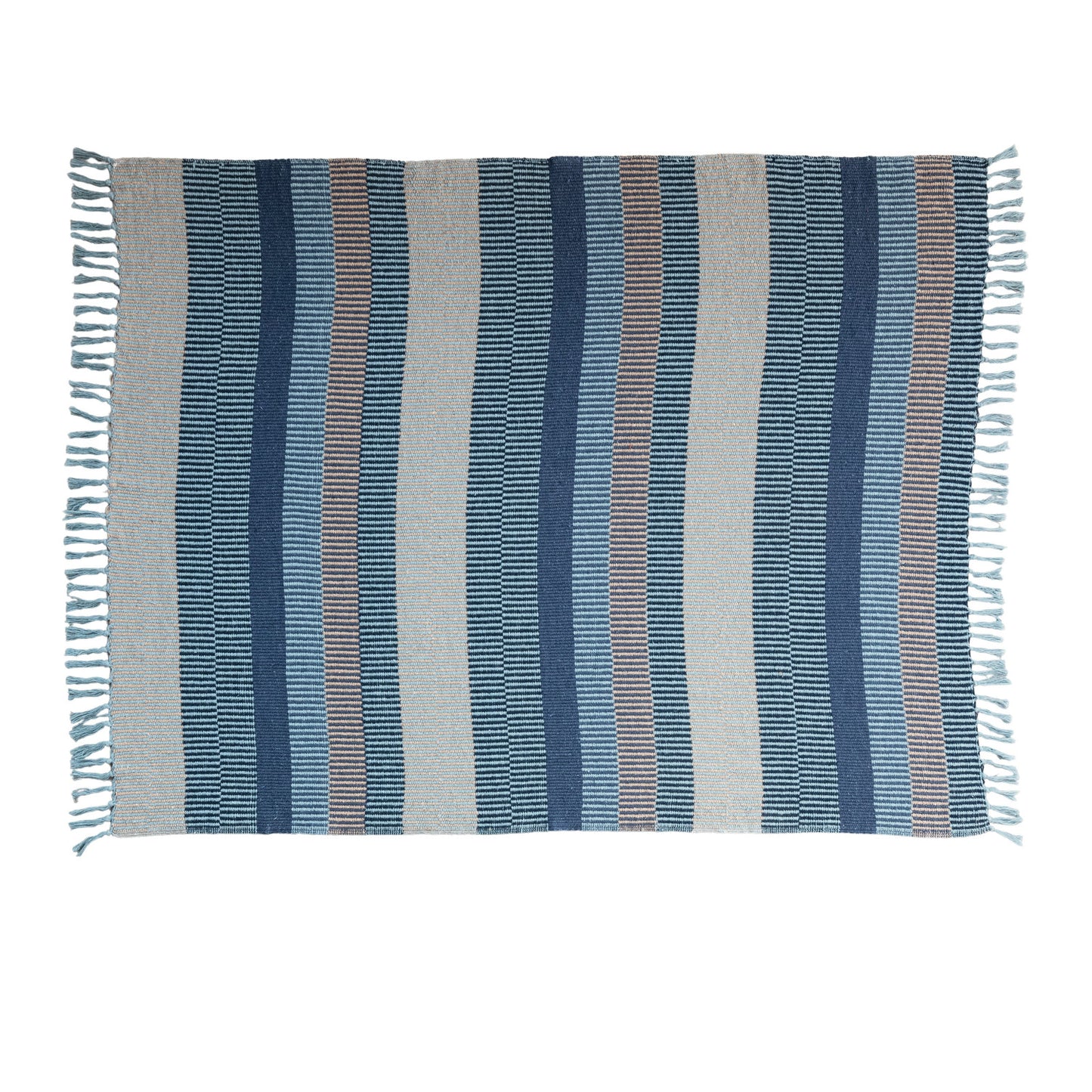 Woven Recycled Cotton Blend Throw w/ Stripes & Fringe - Blue