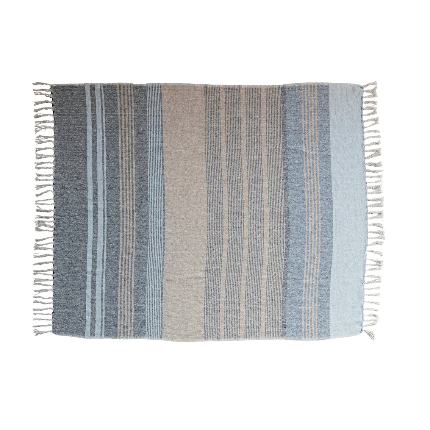 Woven Recycled Cotton Blend Throw w/ Stripes & Fringe - Tan/Blue