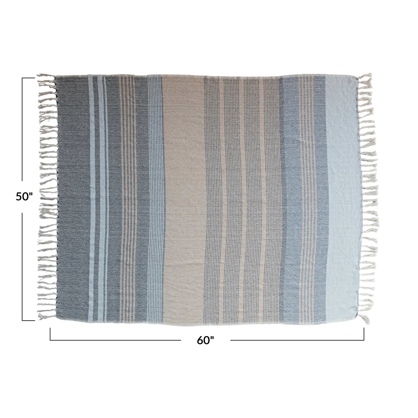 Woven Recycled Cotton Blend Throw w/ Stripes & Fringe - Tan/Blue