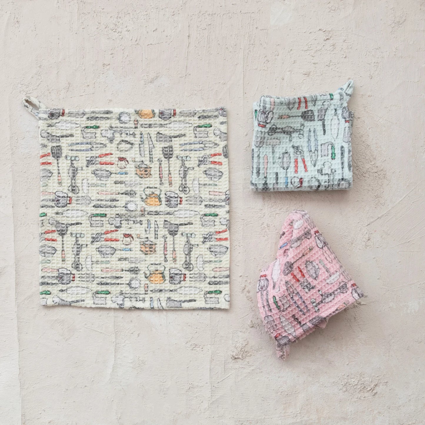 Cotton Blend Printed Waffle Weave Dish Cloth w/ Kitchen Tools Pattern