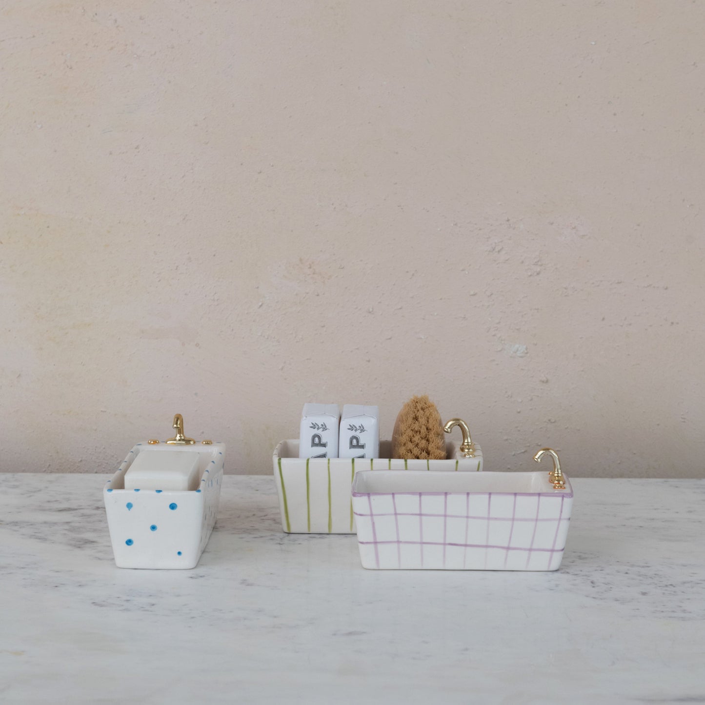 Hand-Painted Stoneware Bathtub Shaped Dish w/ Pattern & Gold Electroplating