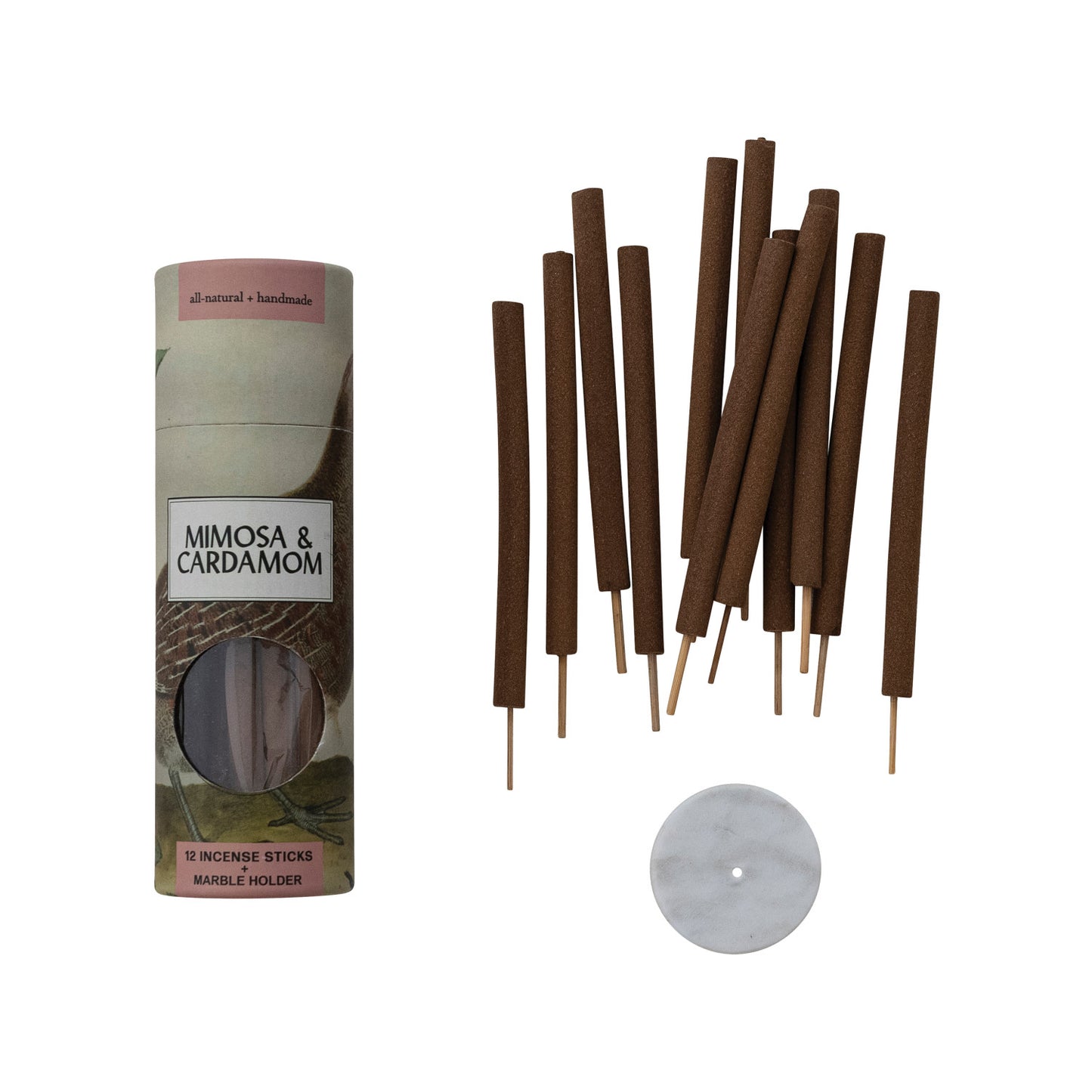12 Piece Mimosa & Cardamom Scented Thick Incense Sticks with Marble Incense Holder