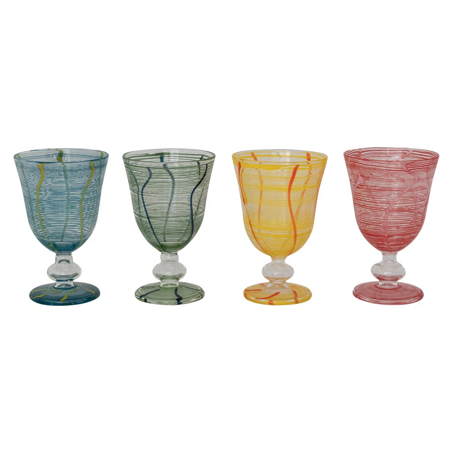 8 oz. Stemmed Wine Glass with Stripes & Wave Design