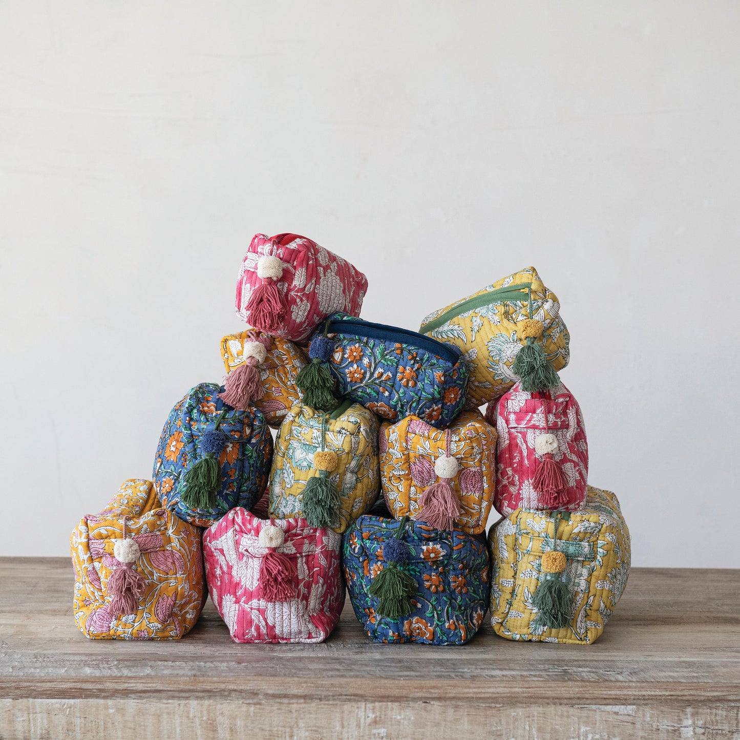 Quilted Cotton Voile Block Zip Pouches with Interior Lining (3 Different Sizes)