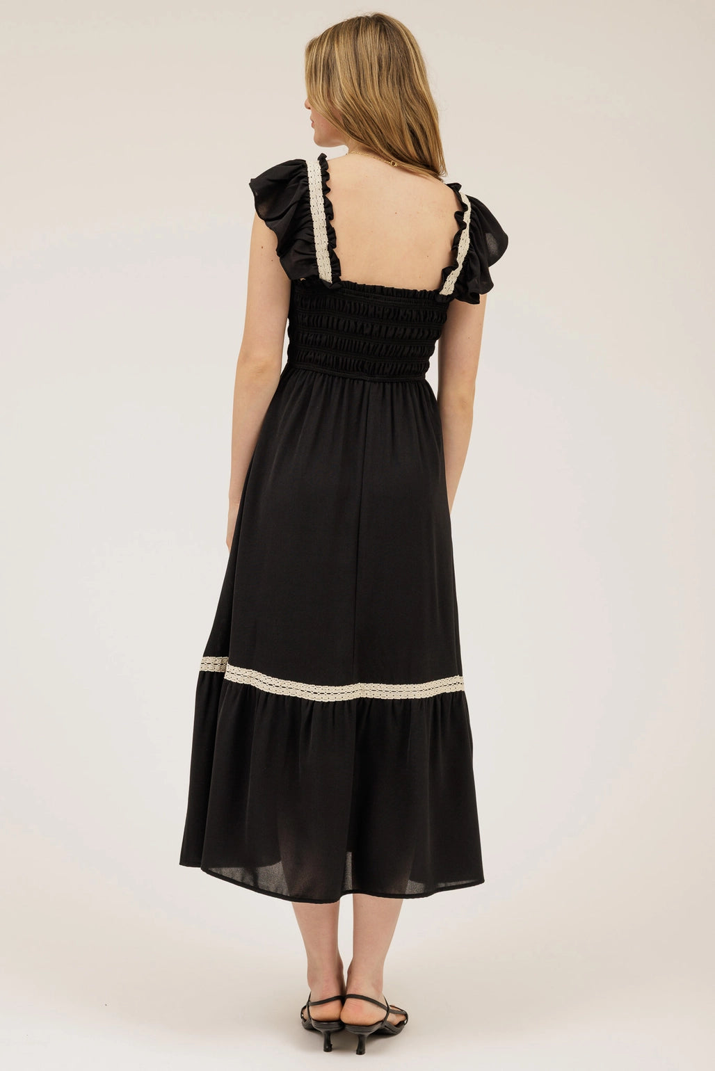 Contrast Detail Smocked Ruffle Midi Dress