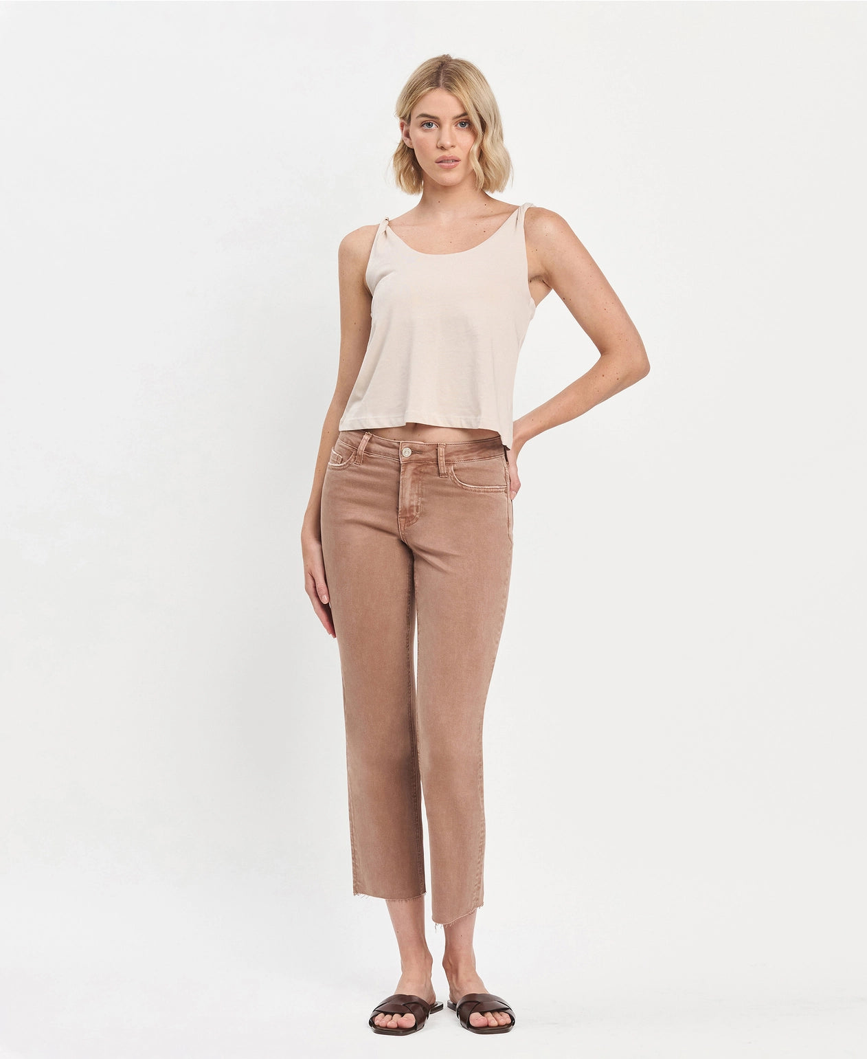 Mid Rise Crop Raw Hem Straight Jeans