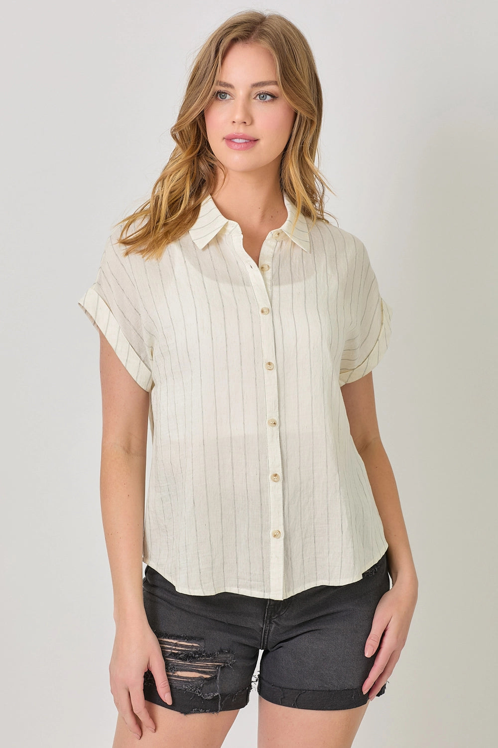 Rolled Up Sleeve Stripe Top - Ivory