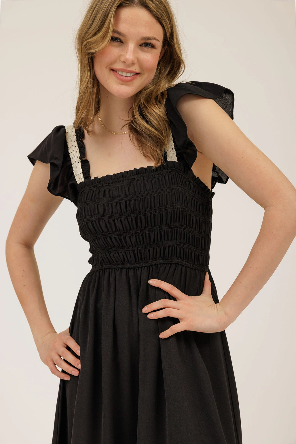 Contrast Detail Smocked Ruffle Midi Dress