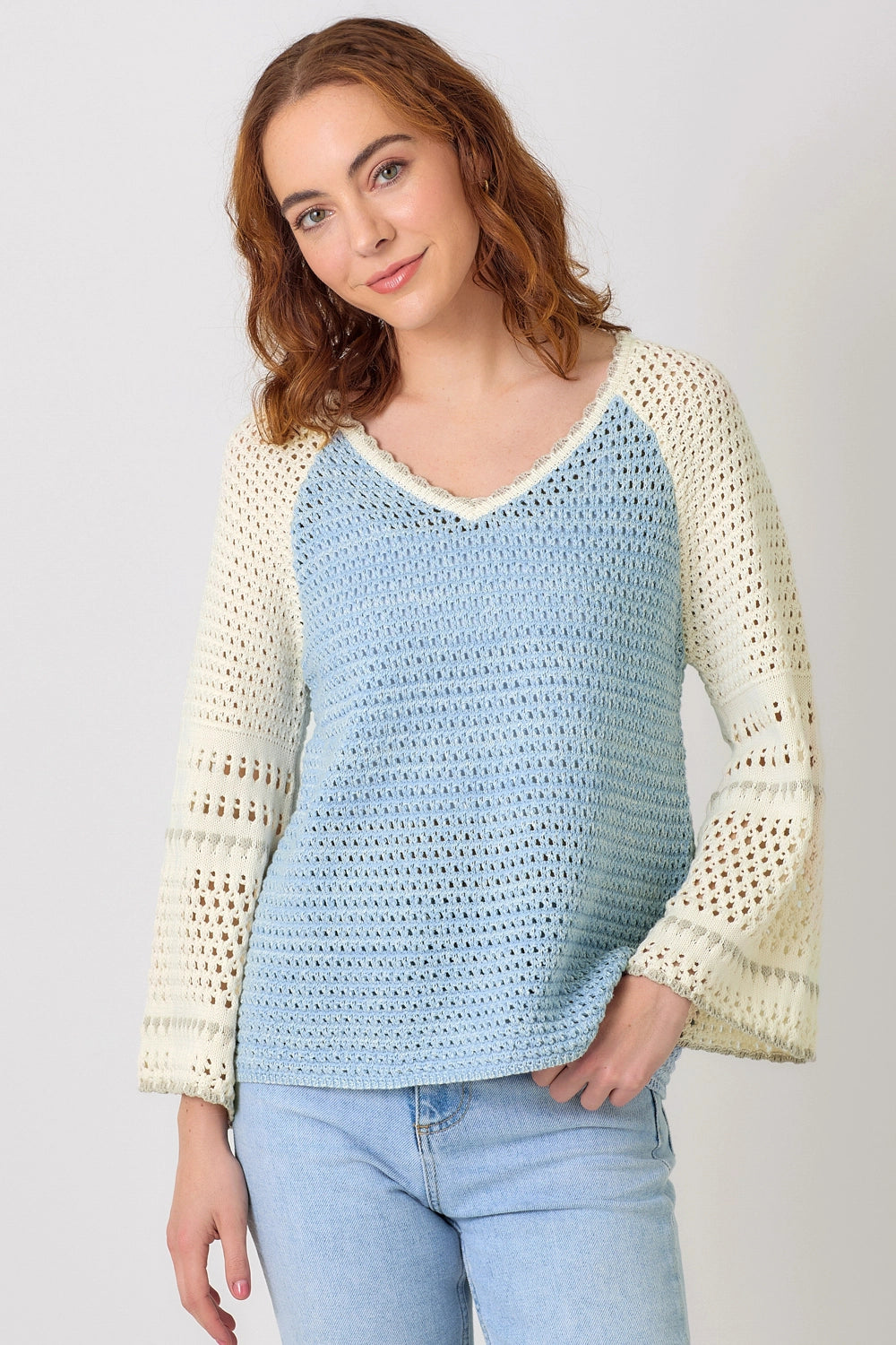 Raglan Sleeve Crochet Sweater - Blue