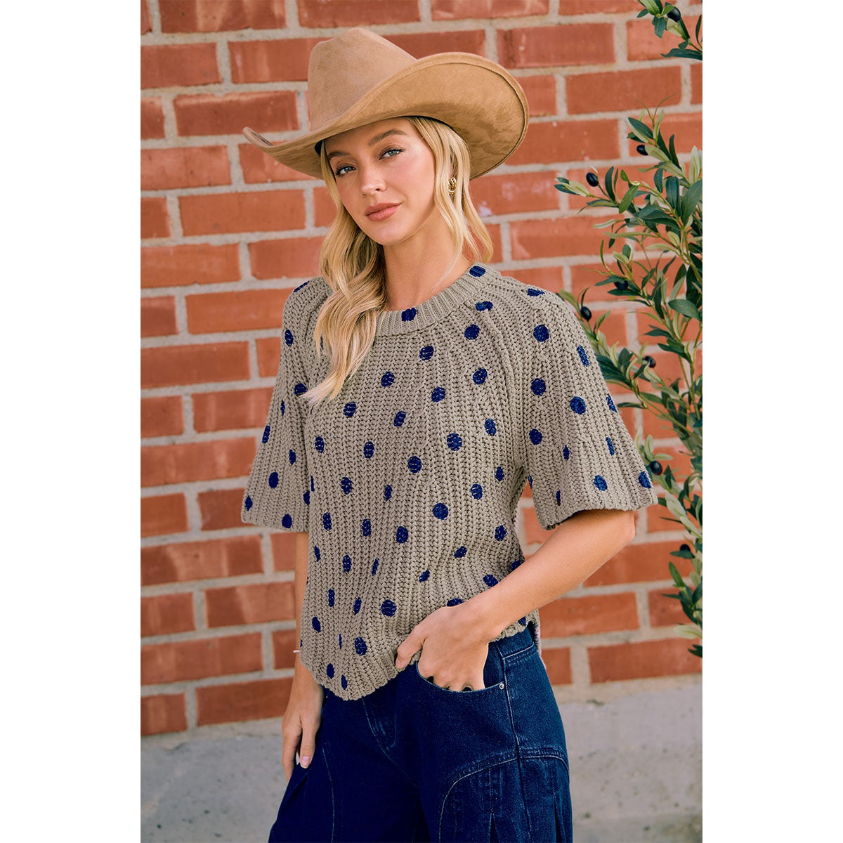 Flared Sleeves Polka Dots Printed Chunky Sweater Top