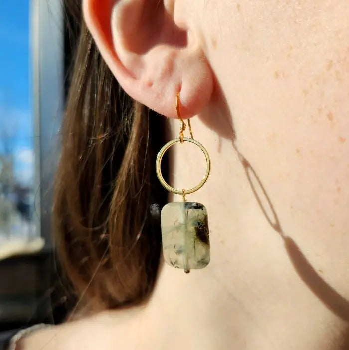 Prehnite Rectangle Stone Circle Earrings
