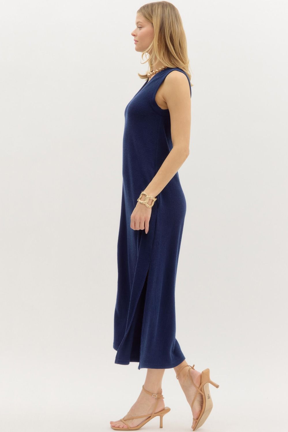 Solid V-neck Rib Textured Midi Dress