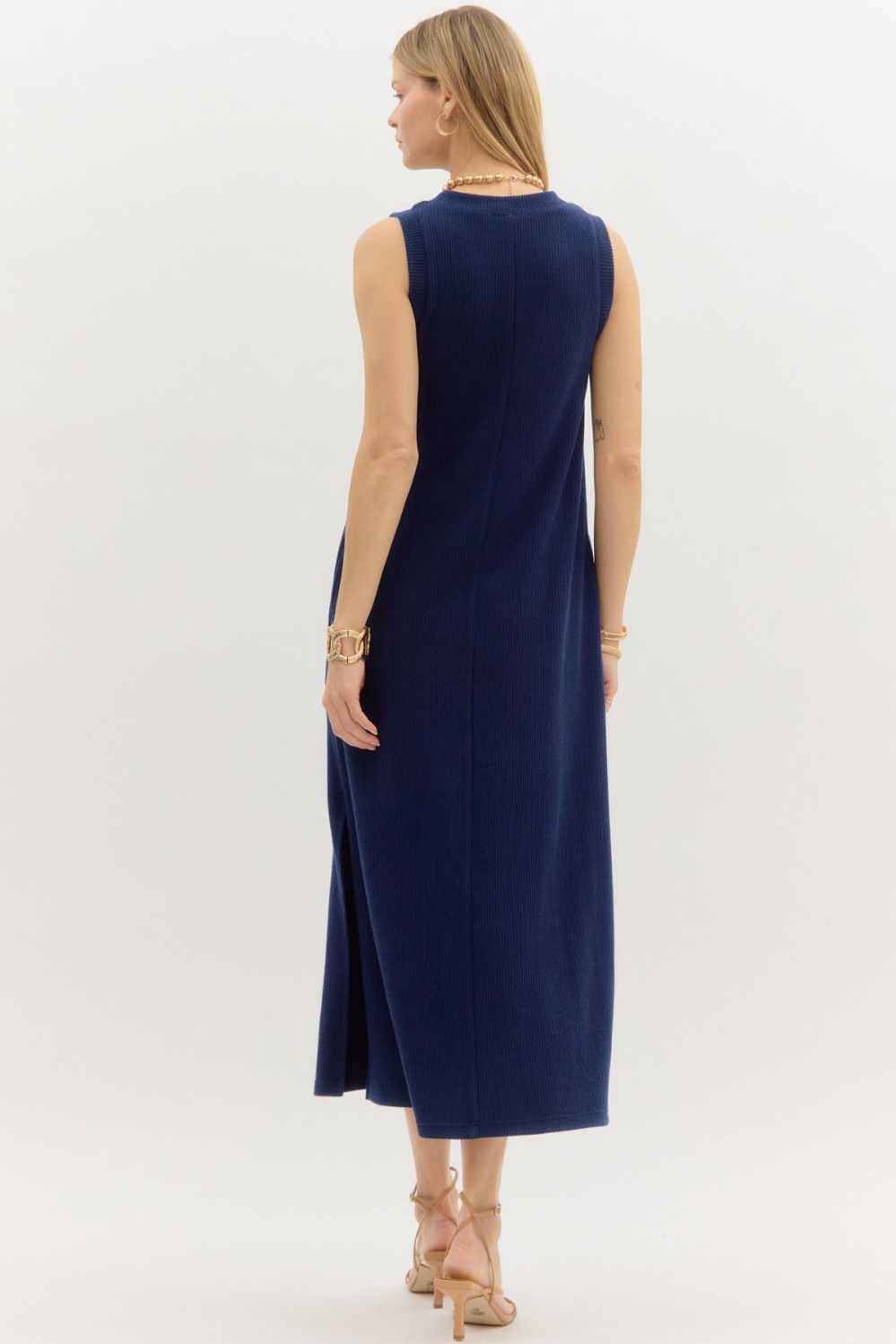 Solid V-neck Rib Textured Midi Dress