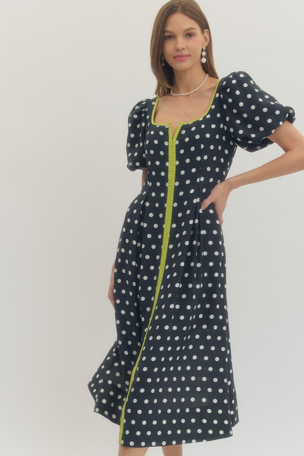 Polka Dot Puff Sleeve Midi Dress - Navy