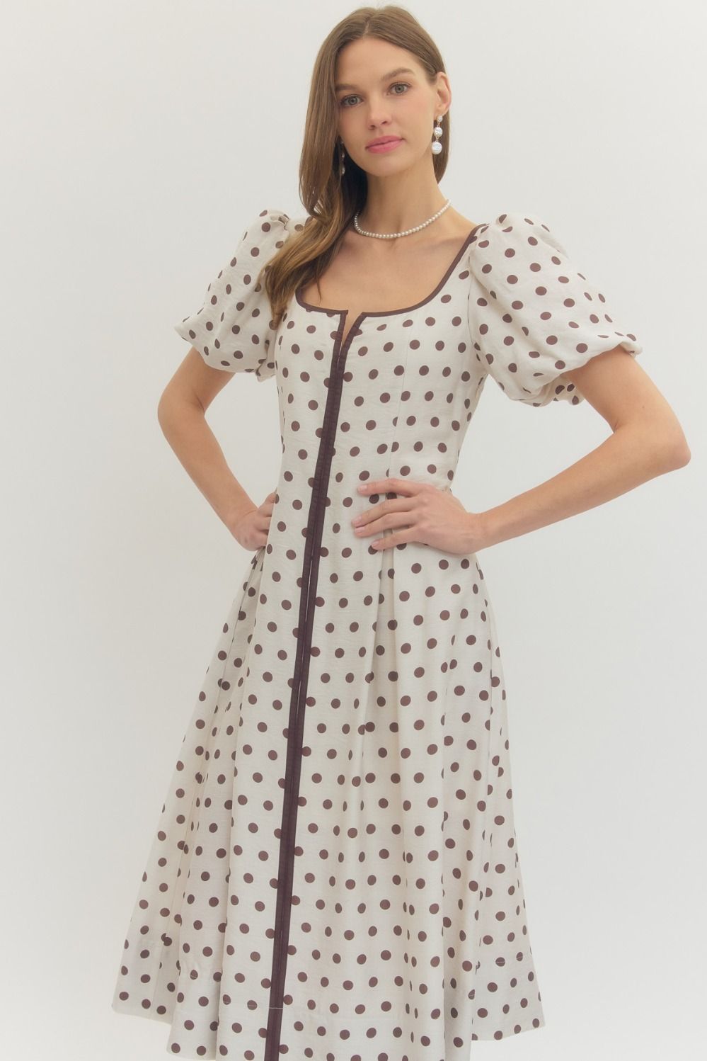 Polka Dot Puff Sleeve Midi Dress - Cream