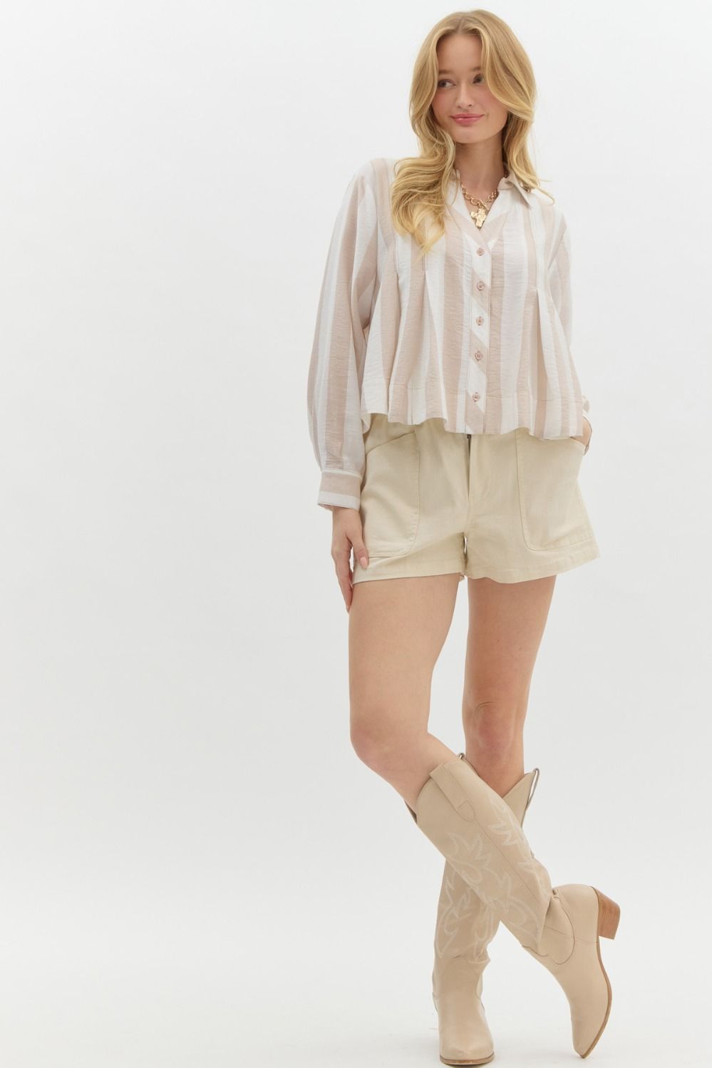 Striped Pleated Long Sleeve - Taupe