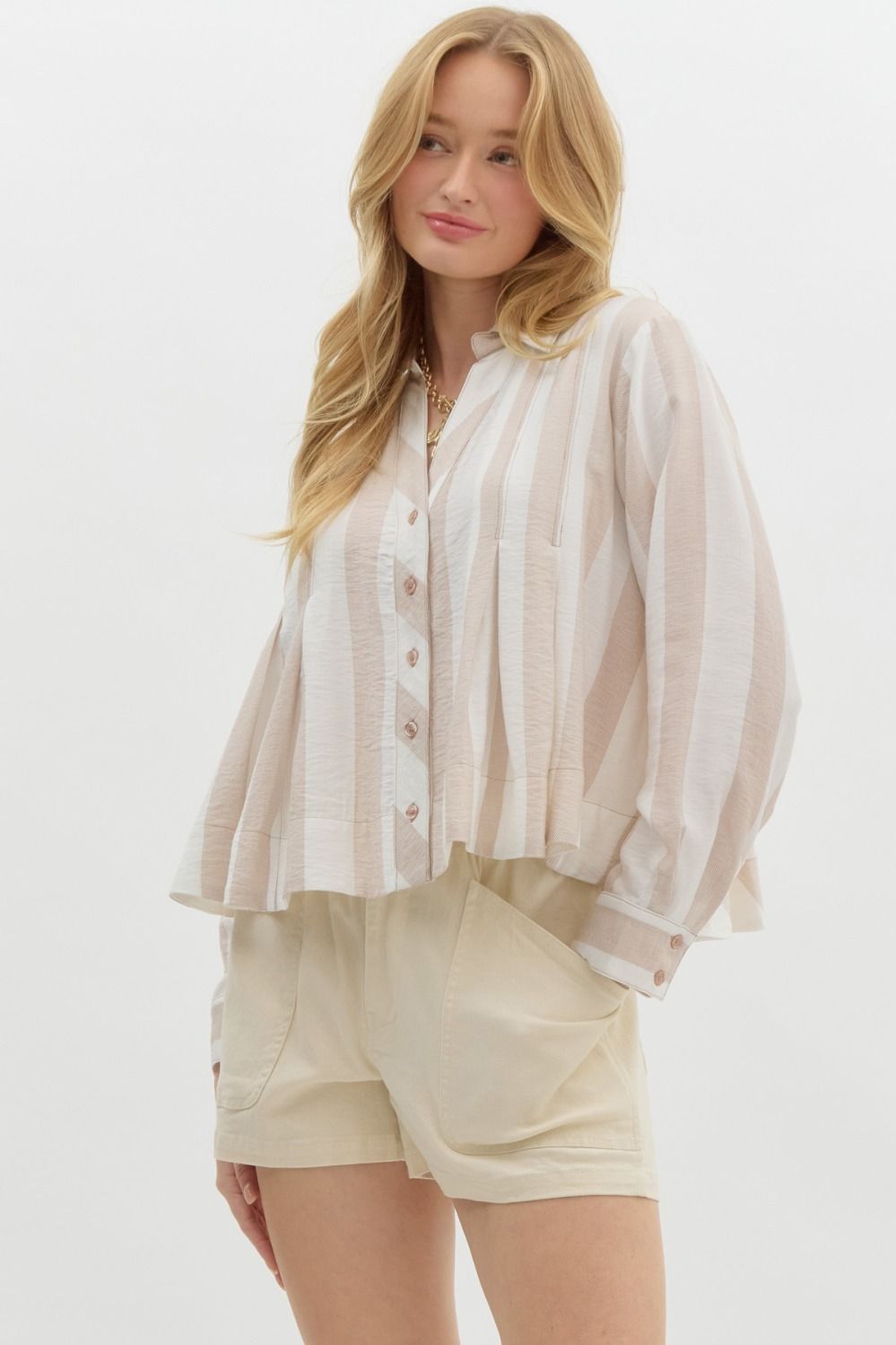 Striped Pleated Long Sleeve - Taupe