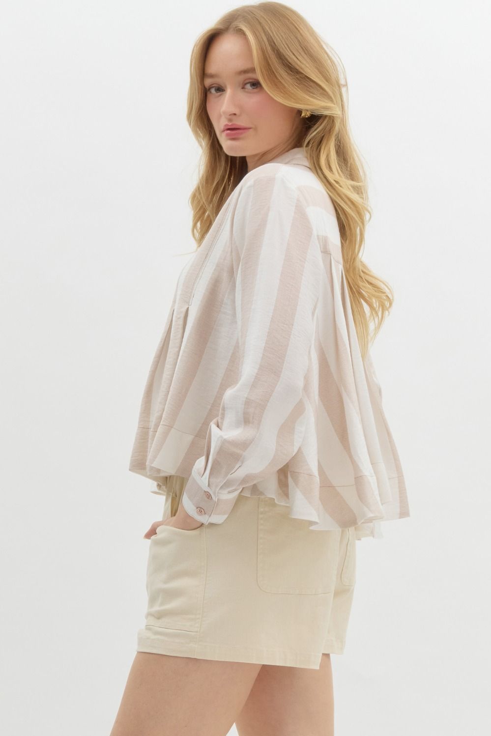 Striped Pleated Long Sleeve - Taupe