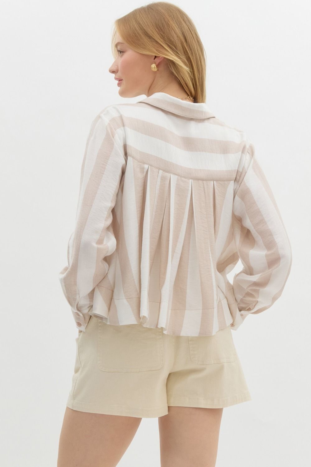 Striped Pleated Long Sleeve - Taupe