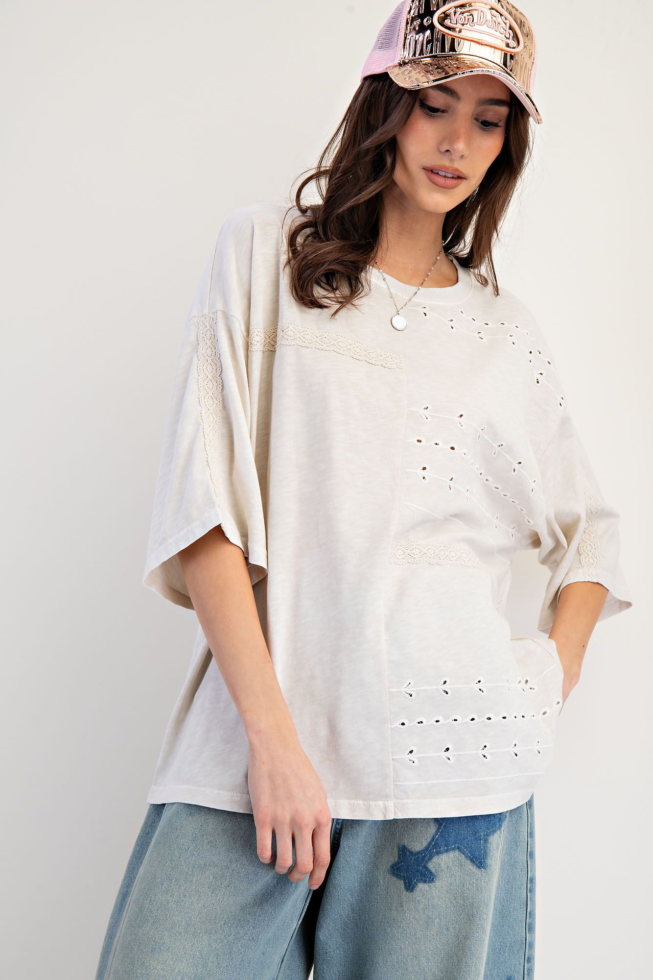 Embroidered Lace Mix Mineral Washed Top