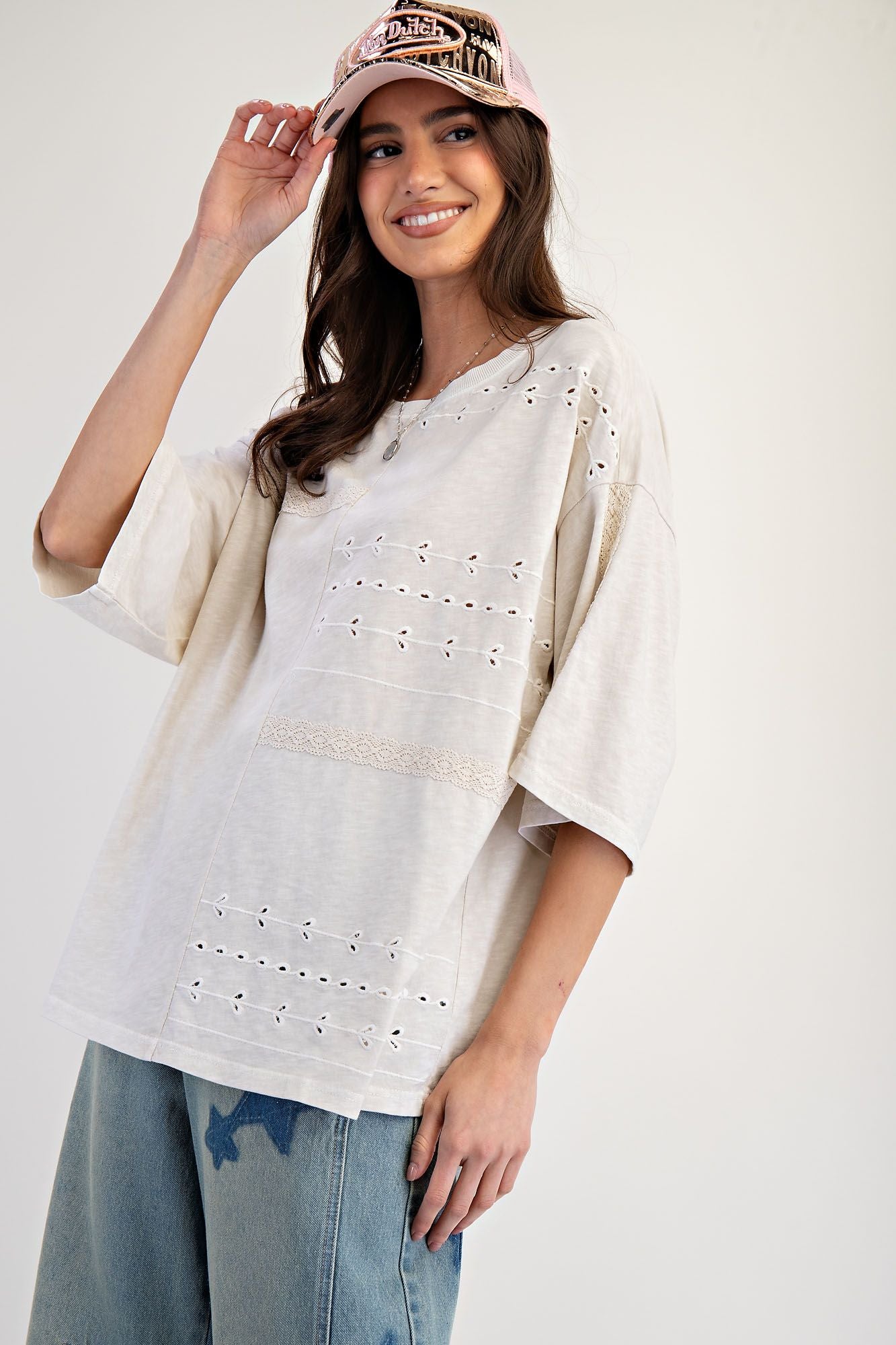 Embroidered Lace Mix Mineral Washed Top