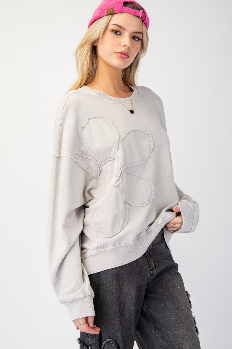Flower Patch Washed Terry Knit Pullover - Stone