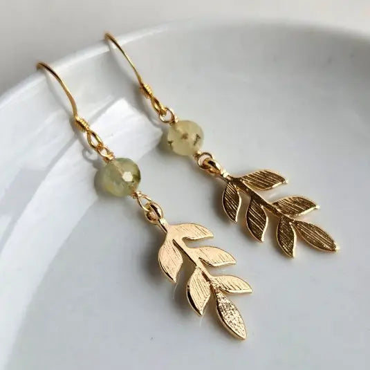Gold Leaf and Prehnite Earrings