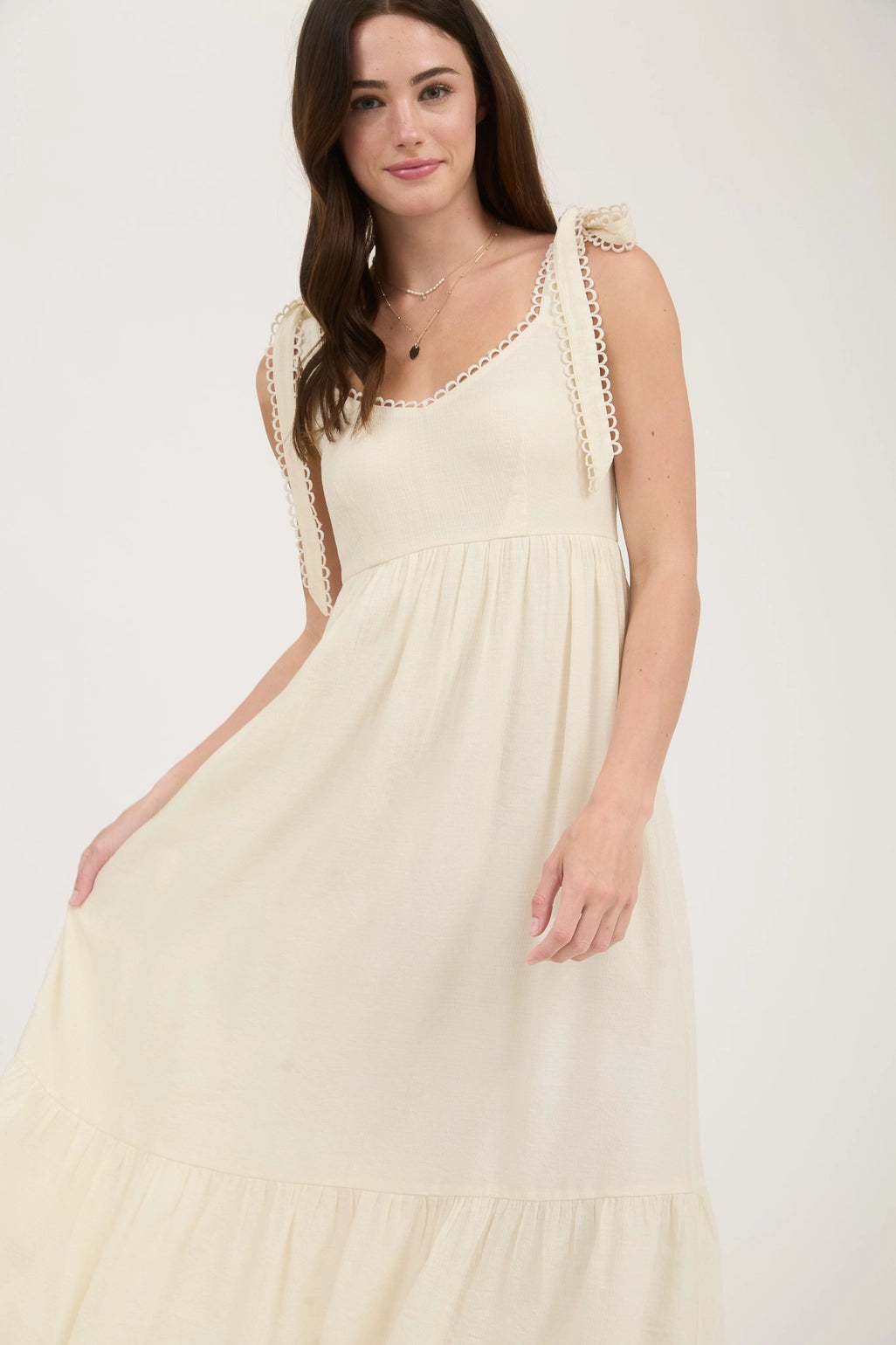 Scallop Eyelet Trim Tie Strap Midi Dress - White
