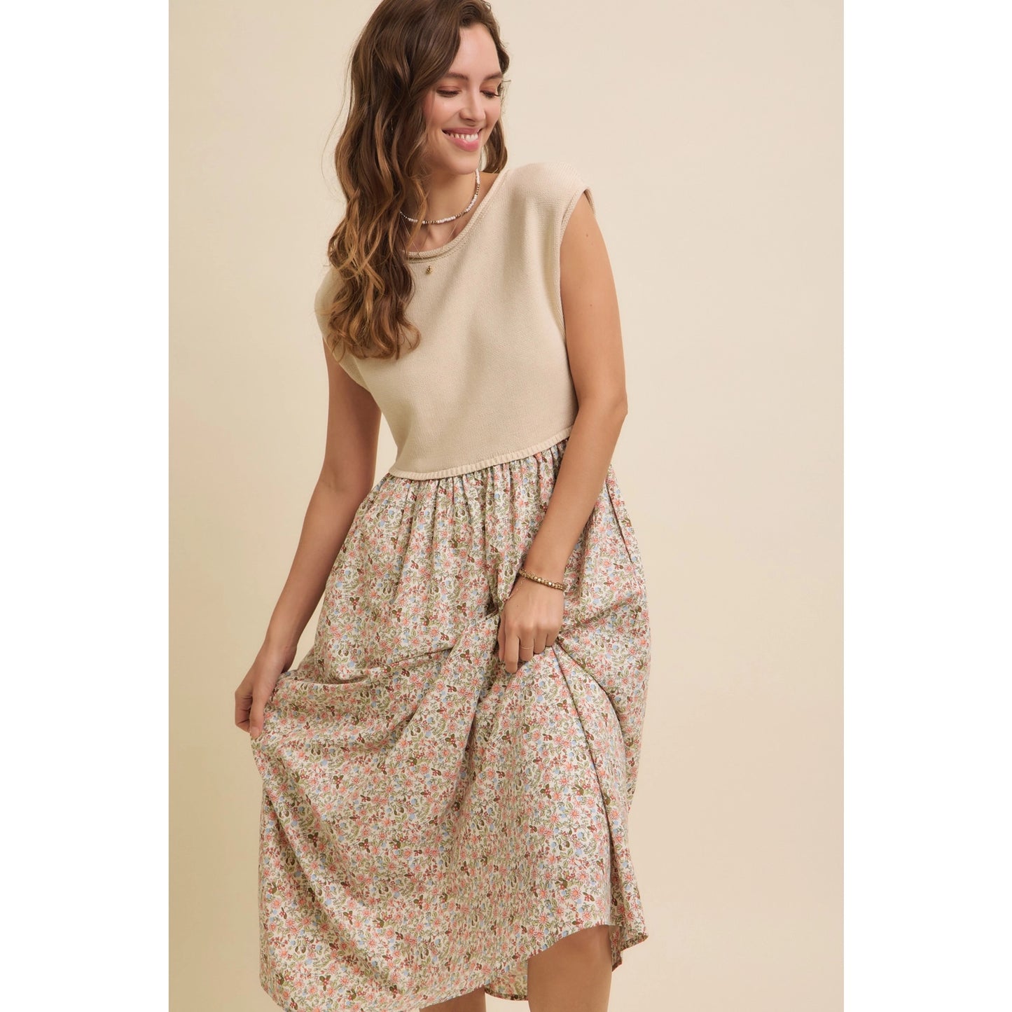 Midi Dress with Sweater Vest and Floral Skirt