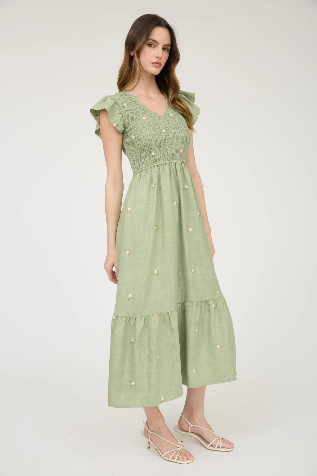 Embroidered Flower Smocked Ruffle Midi Dress