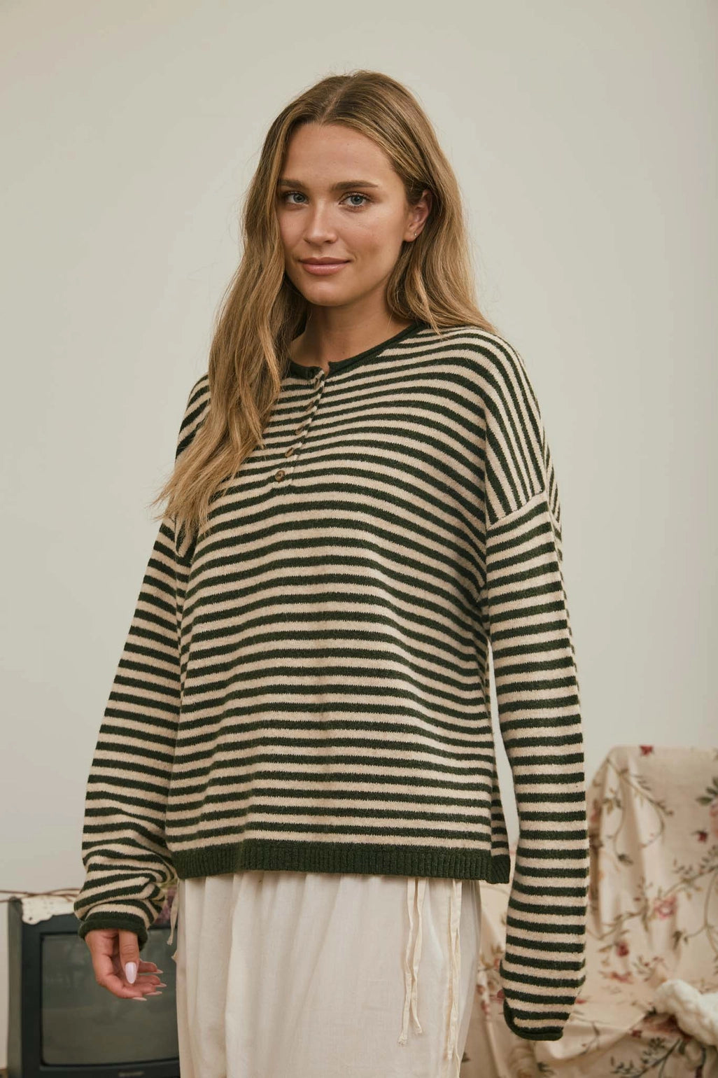 Button Henley Stripe Long Sleeve Sweater - Olive
