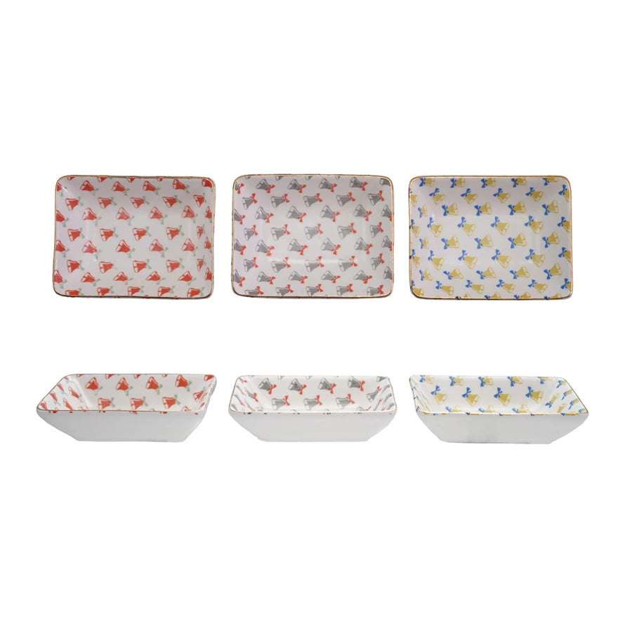 Stoneware Dish with Bell Pattern & Gold Color Rim