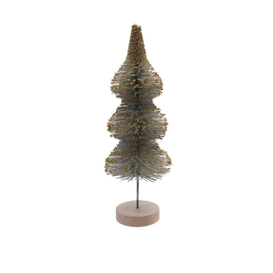 Sisal Bottle Brush Tree with Gold Glitter & Wood Base - Large