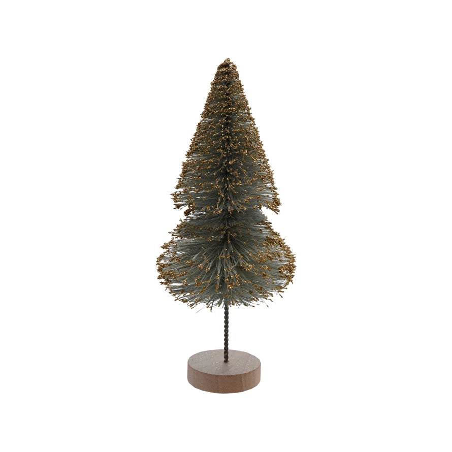 Sisal Bottle Brush Tree with Gold Glitter & Wood Base - Small