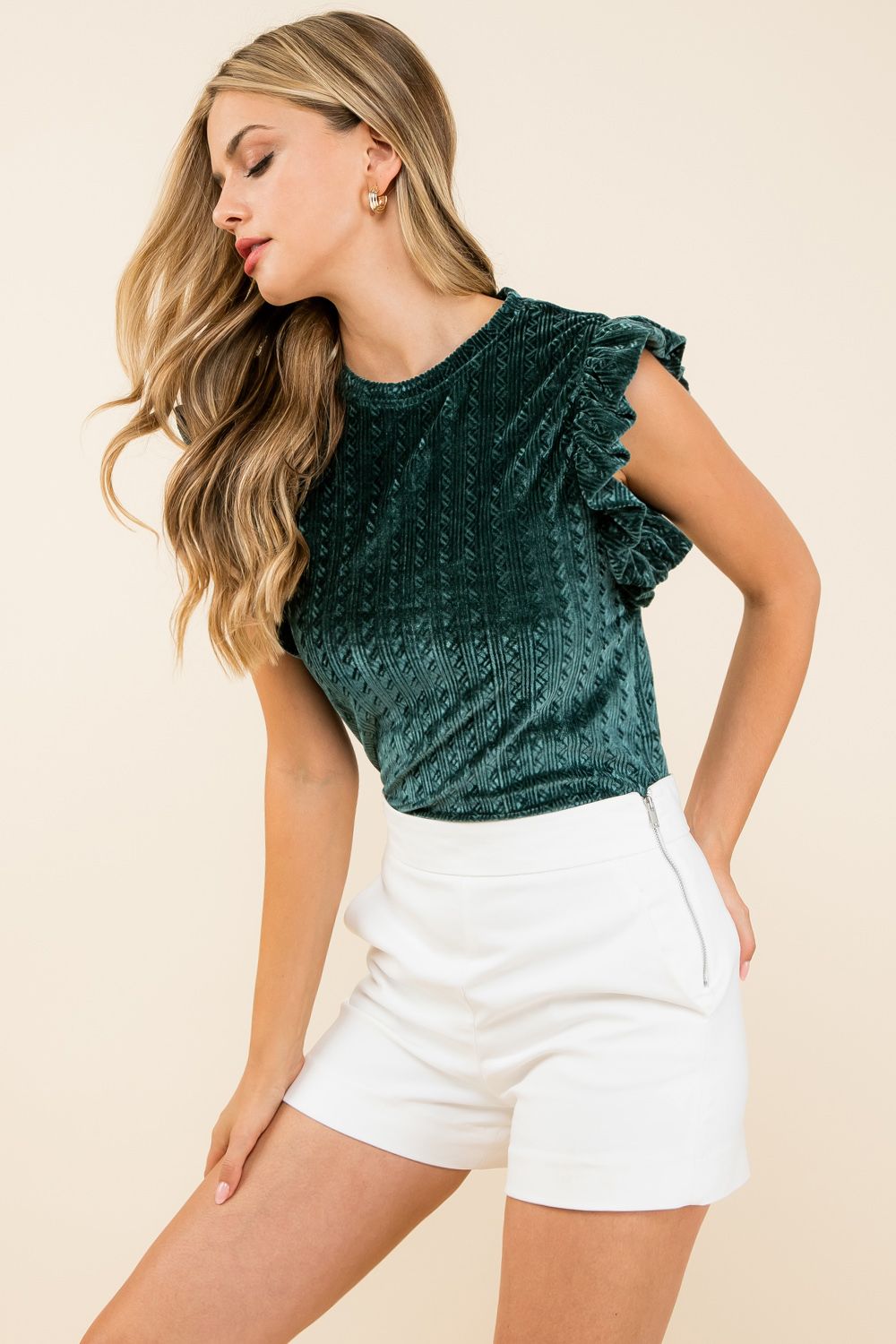 Textured Velvet Ruffle Sleeve Top