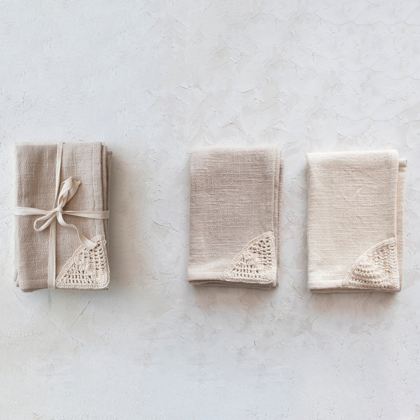 Woven Cotton Tea Towels w/ Crochet Corner set of 2
