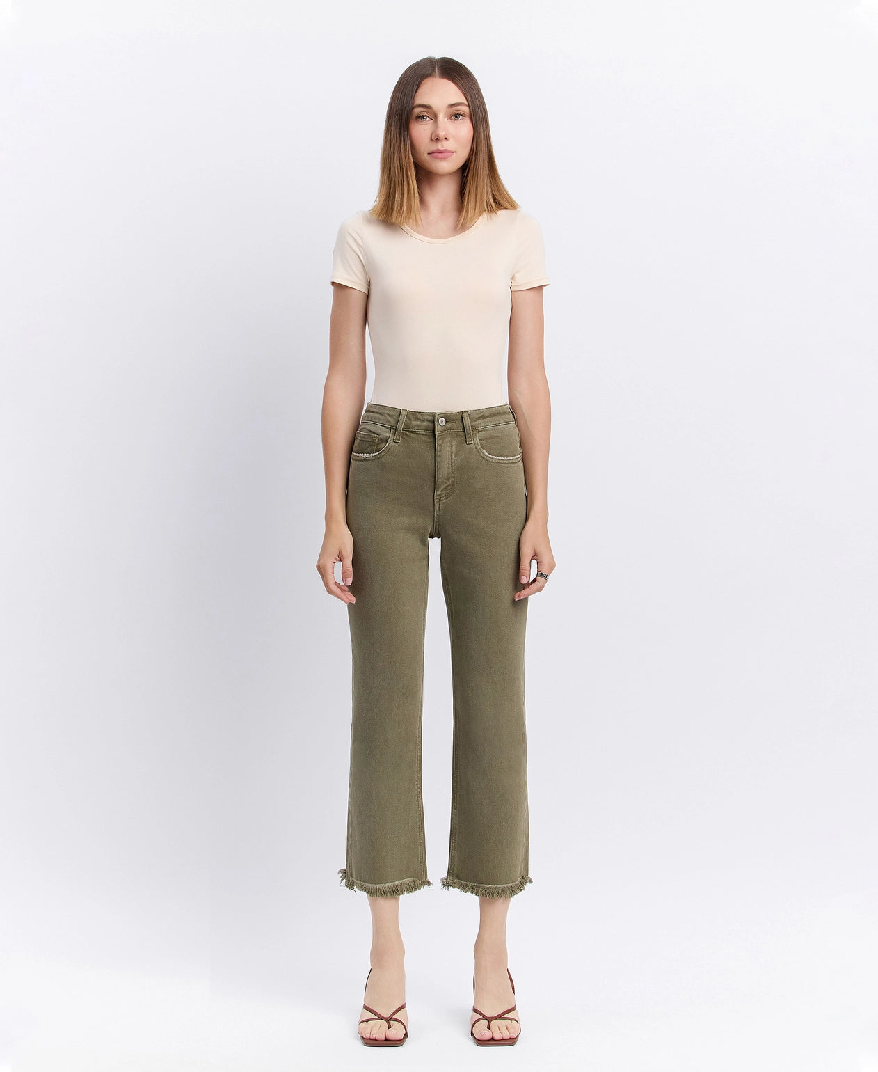 High Rise Raw Hem Relaxed Straight Jeans